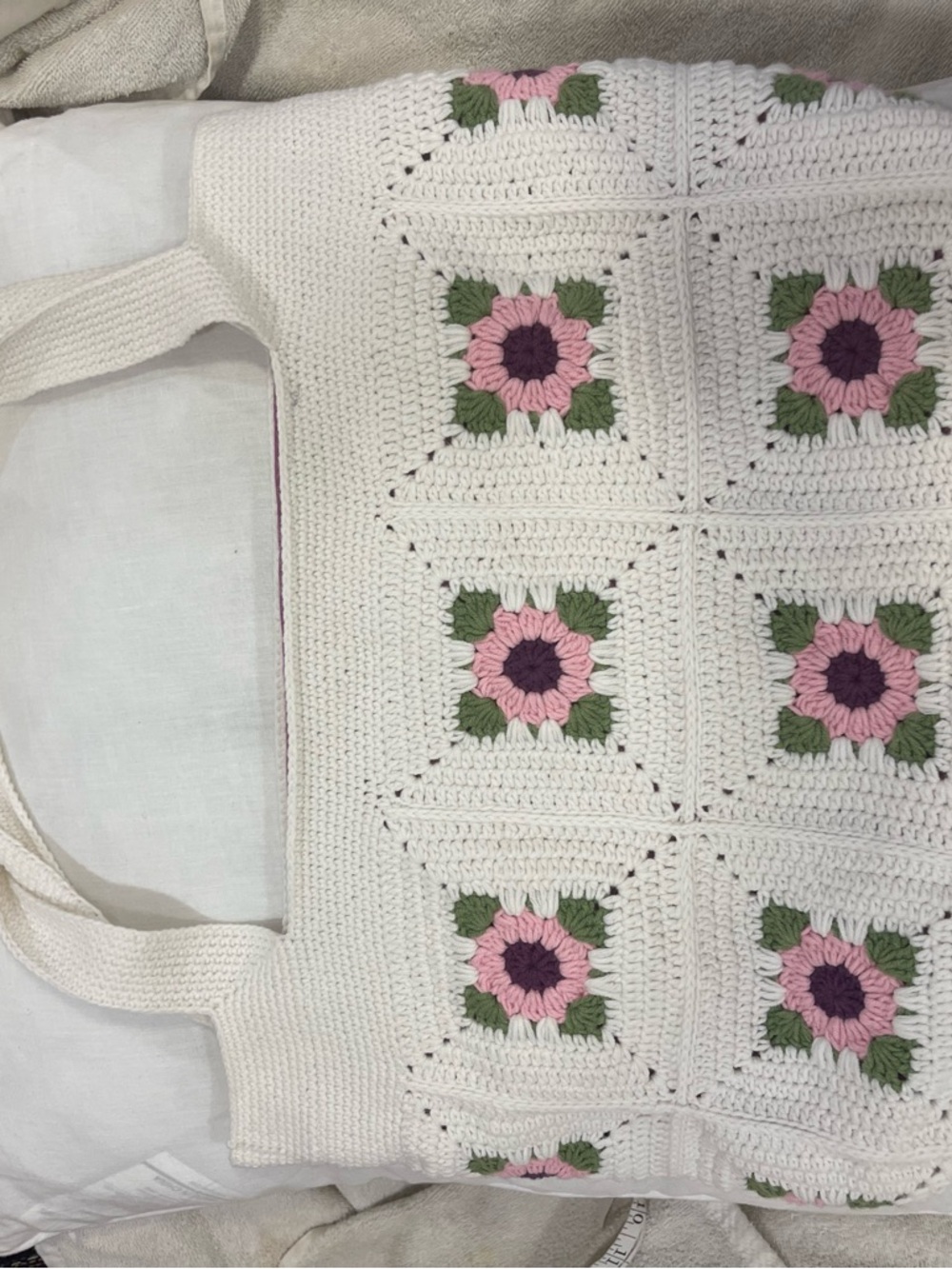 Cream Crochet Shoulder Bag with Pink Floral Squares so adorable! 😍 - Picture 16 of 16